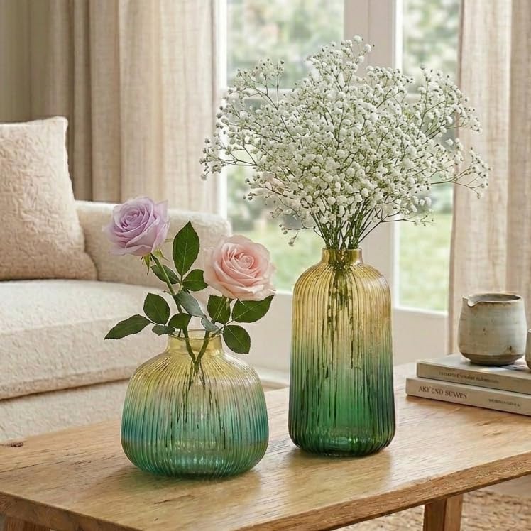 Ribbed Glass Flower Vases Set Decorative Centrepieces