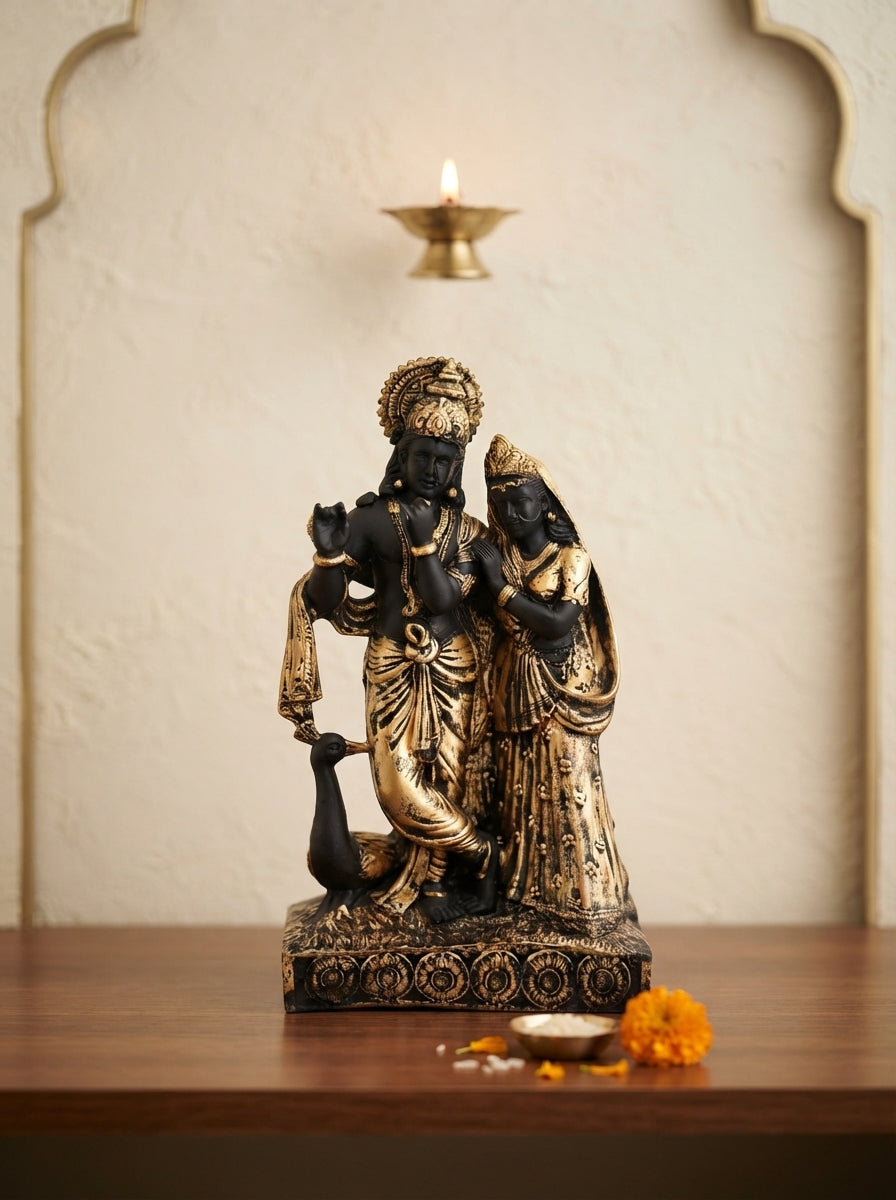 Radha Krishna Statue Black & Gold | Standing with Peacock