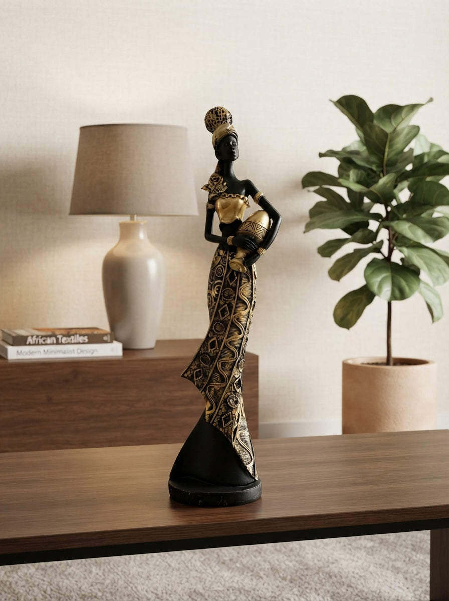 African Woman Statue with Water Jug | Black Gold Figurine
