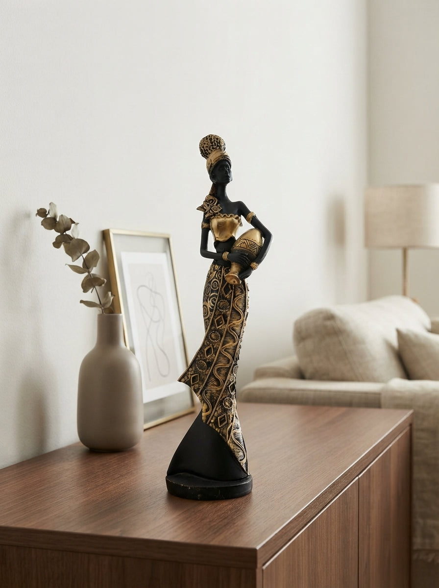 African Woman Statue with Water Jug | Black Gold Figurine
