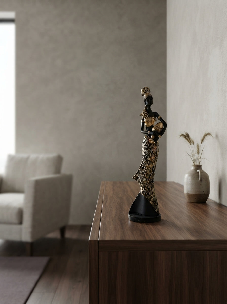 African Woman Statue with Water Jug | Black Gold Figurine