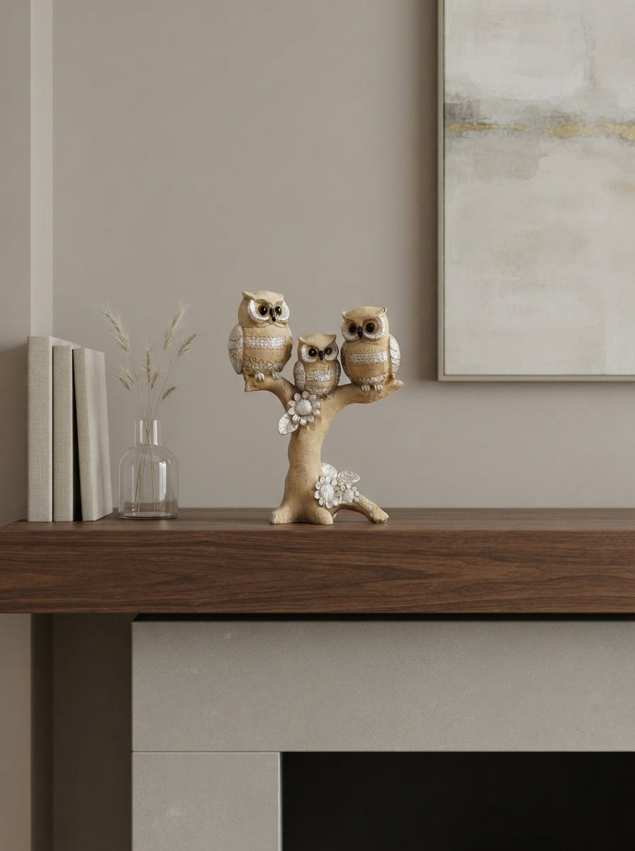 Three Owls on Tree Branch Statue | Beige Silver Home Decor