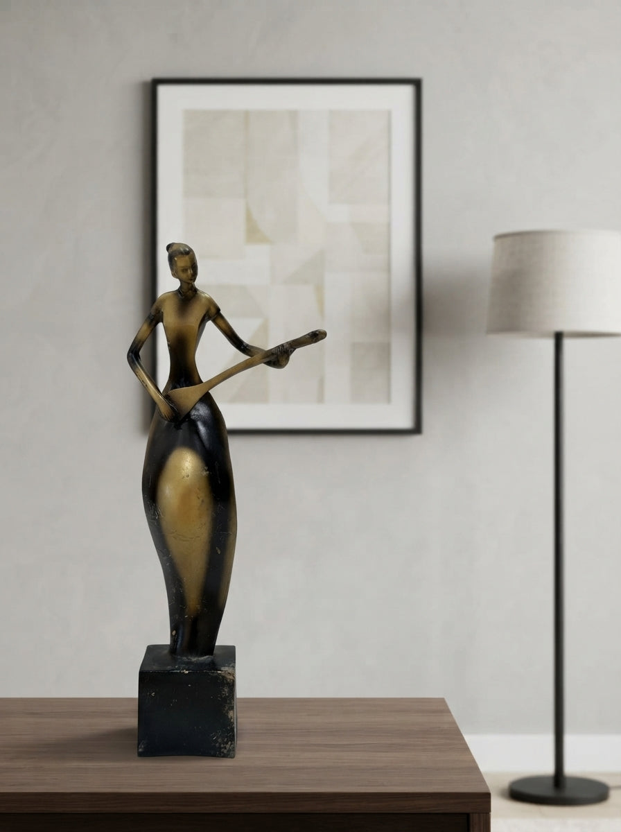 Art Deco Musician Statue | Black Gold Guitar Player Figurine