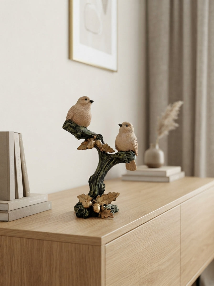 Two Sparrows on Branch Statue | Rustic Bird Figurine Decor
