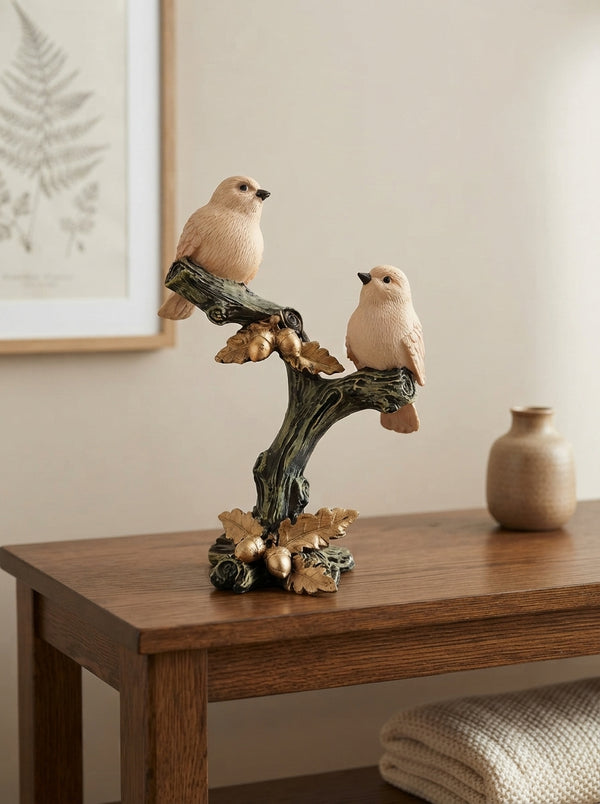 Two Sparrows on Branch Statue | Rustic Bird Figurine Decor