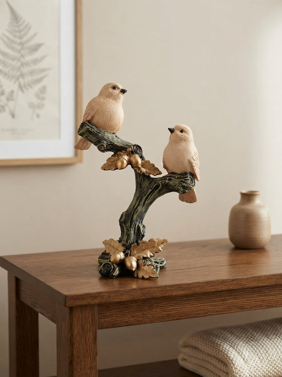 Two Sparrows on Branch Statue | Rustic Bird Figurine Decor