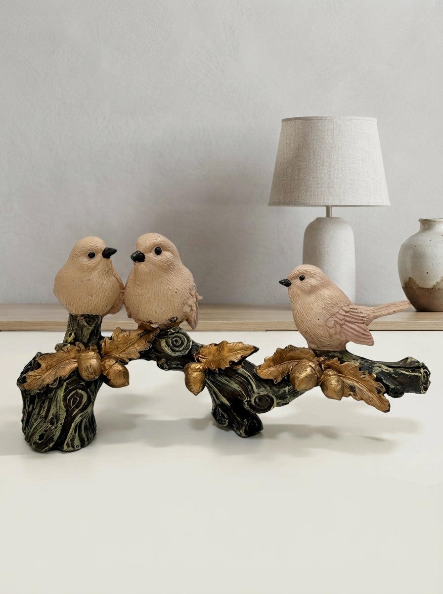 Three Sparrows on Branch Statue | Rustic Bird Figurine Decor