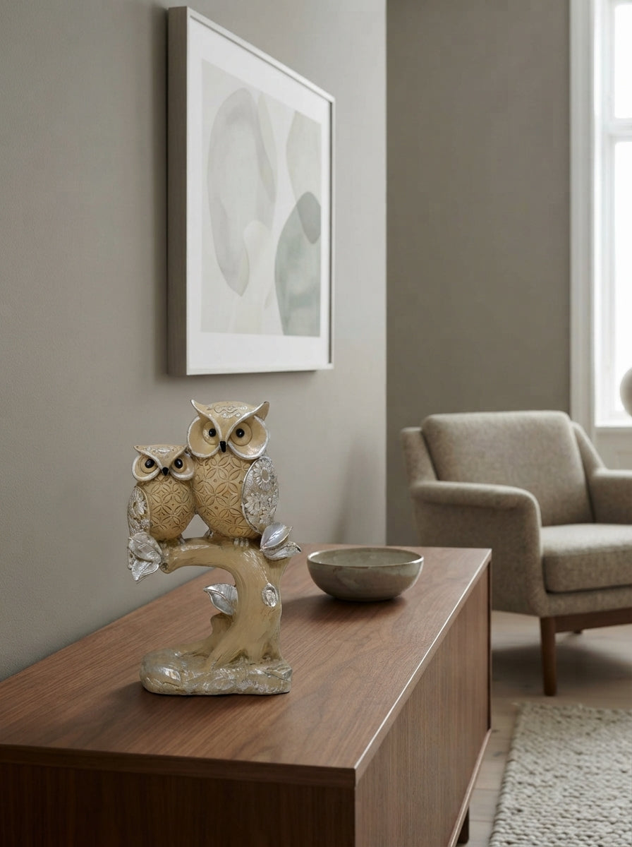 Two Owls on Tree Trunk Statue | Beige Silver Owl Figurine