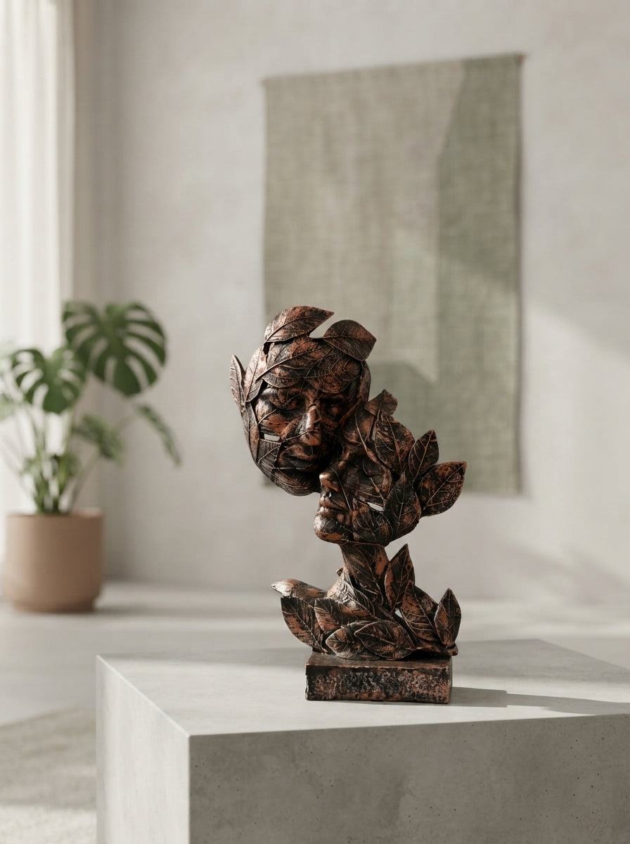 Two Faces in Leaves Sculpture | Copper Bronze Art Statue