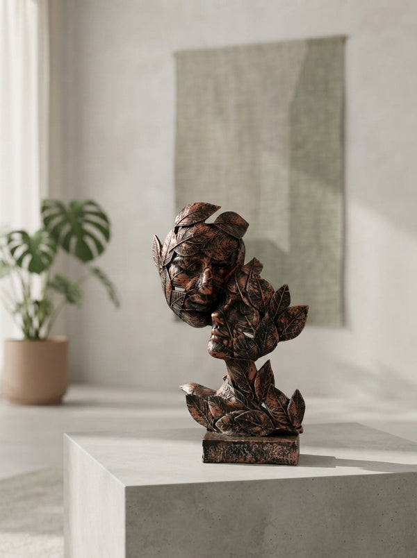 Two Faces in Leaves Sculpture | Copper Bronze Art Statue