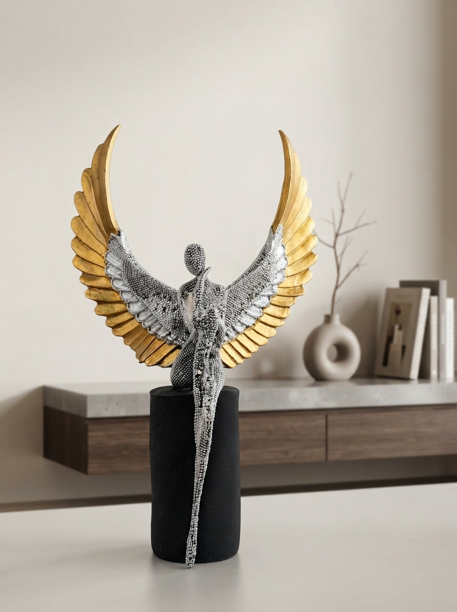 Angel Statue with Spread Wings | Silver Gold Art Sculpture