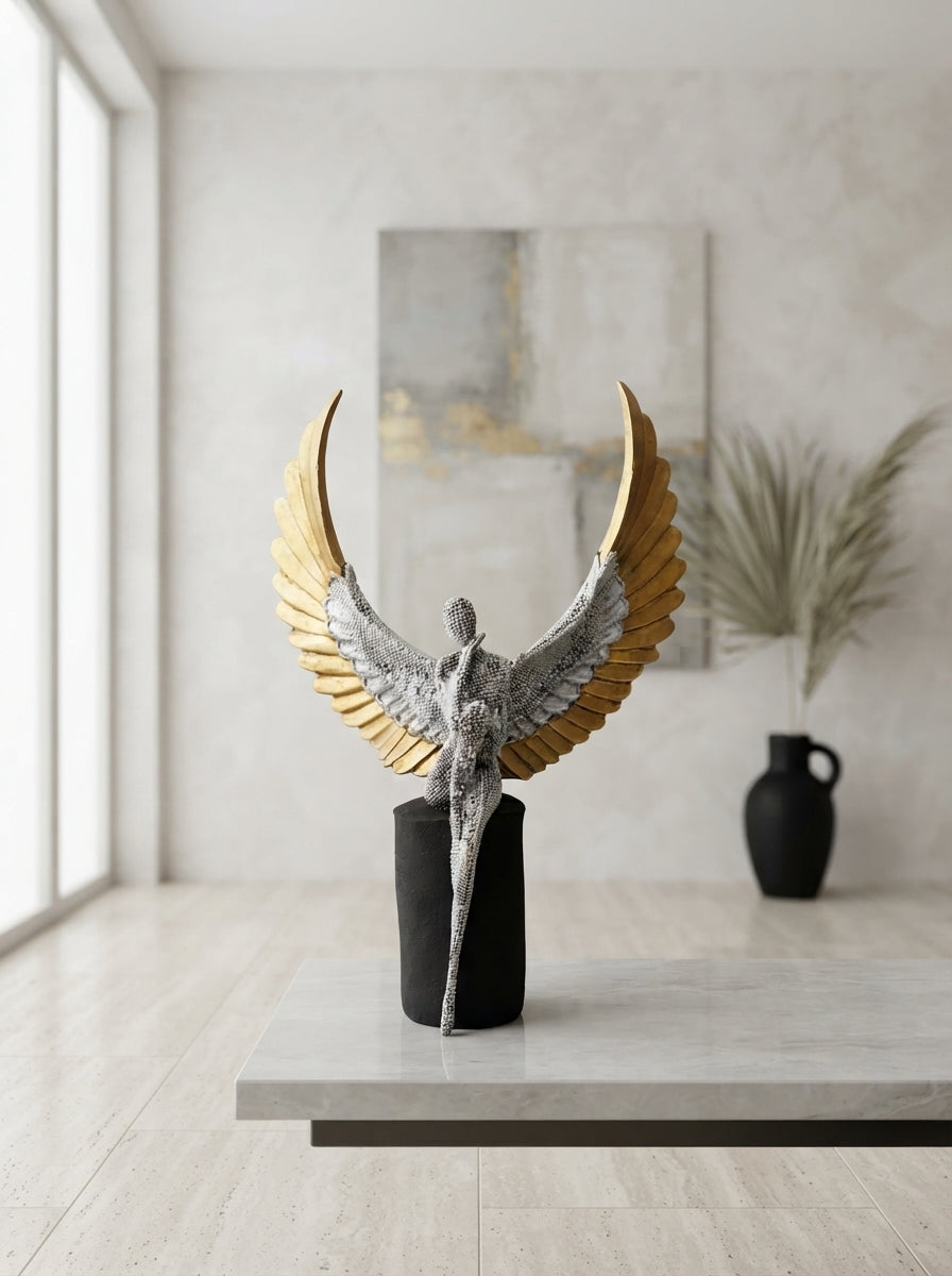 Angel Statue with Spread Wings | Silver Gold Art Sculpture