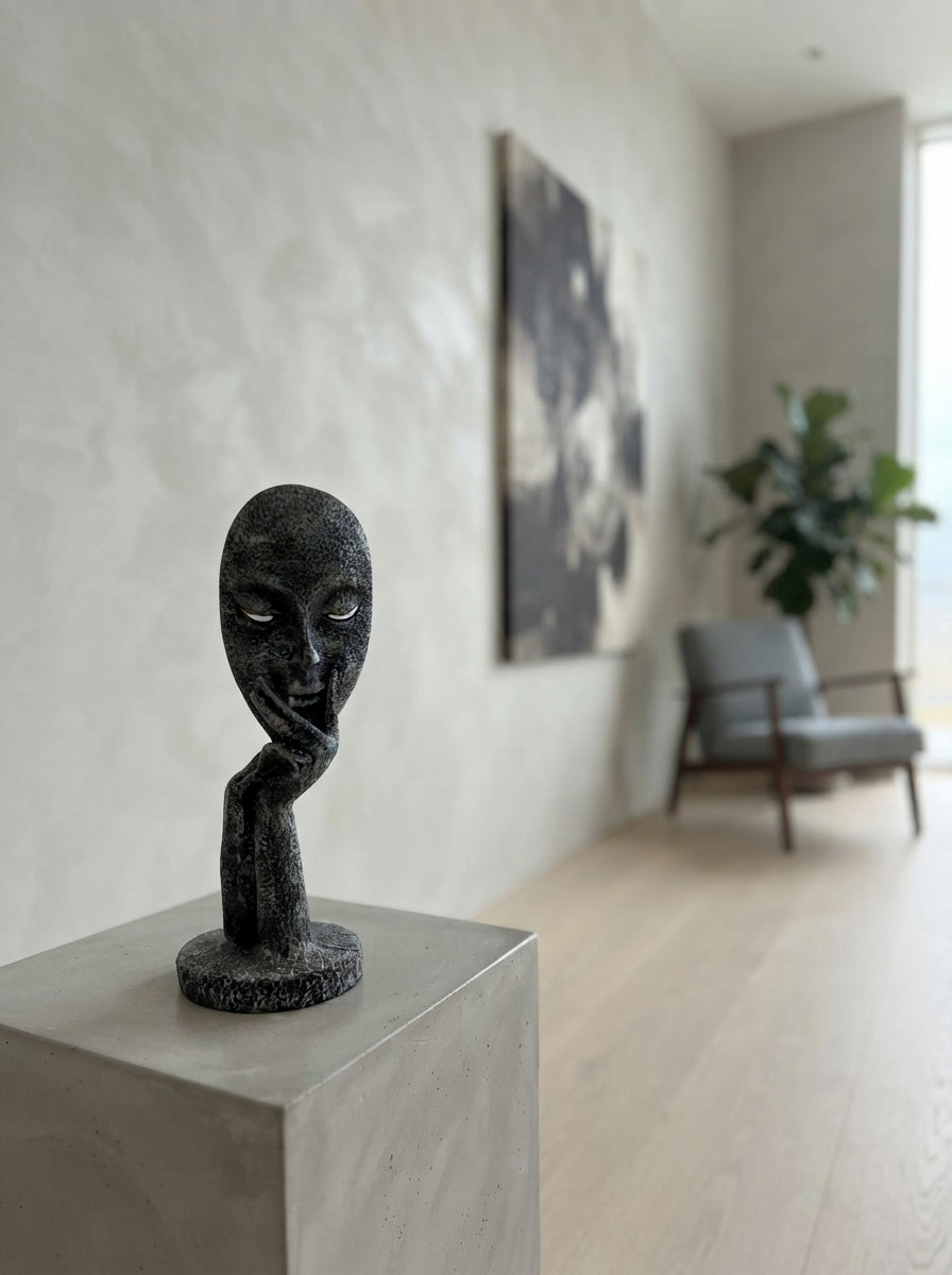 Thinking Face Statue with Hand | Black Modern Mask Decor