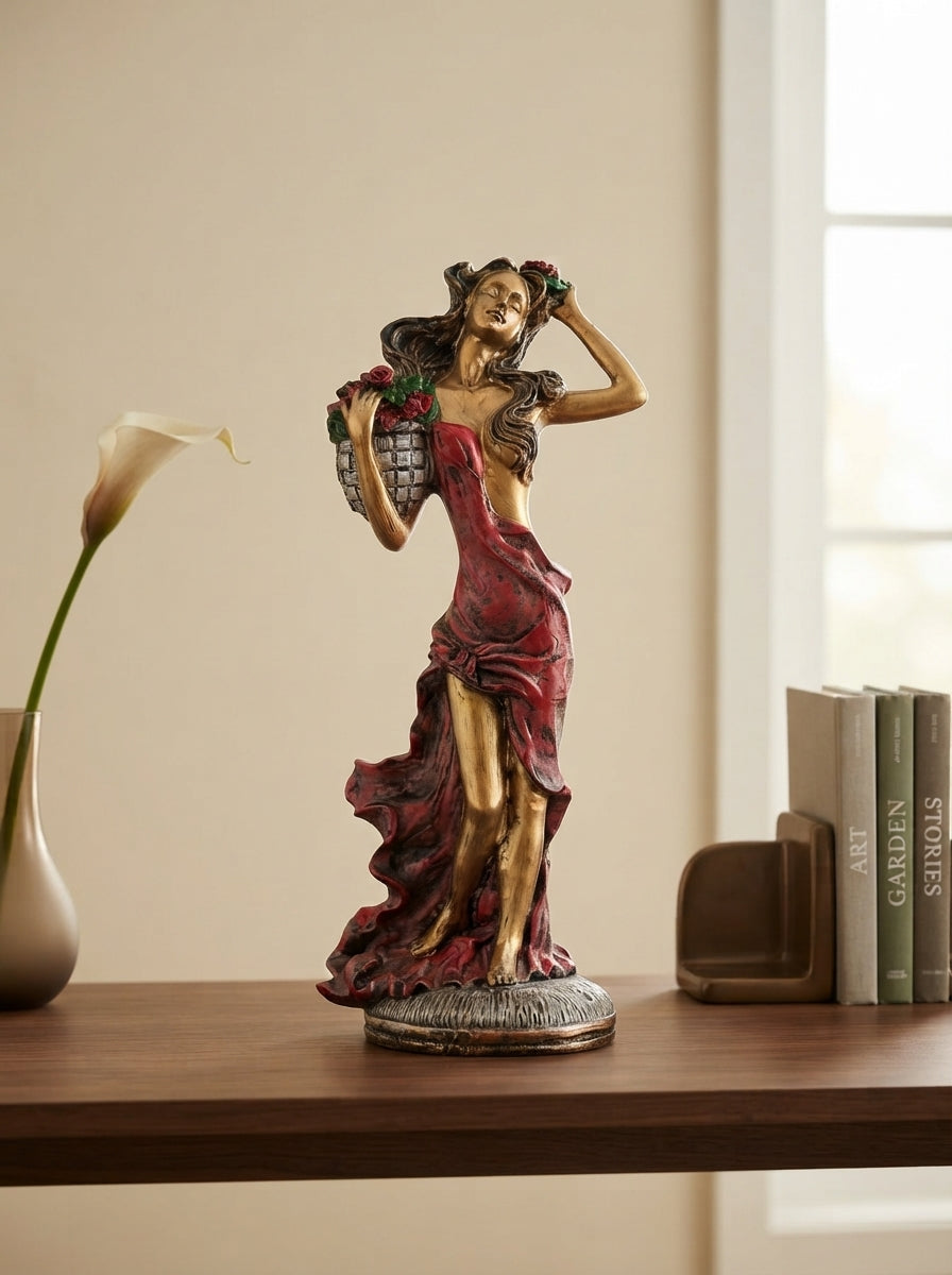 Flower Maiden Statue with Rose Basket | Bronze Art Nouveau