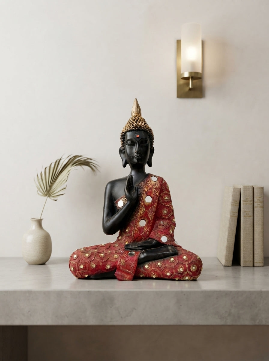 Thai Buddha Statue Red Robe | Black Gold Mirror Accent Decor