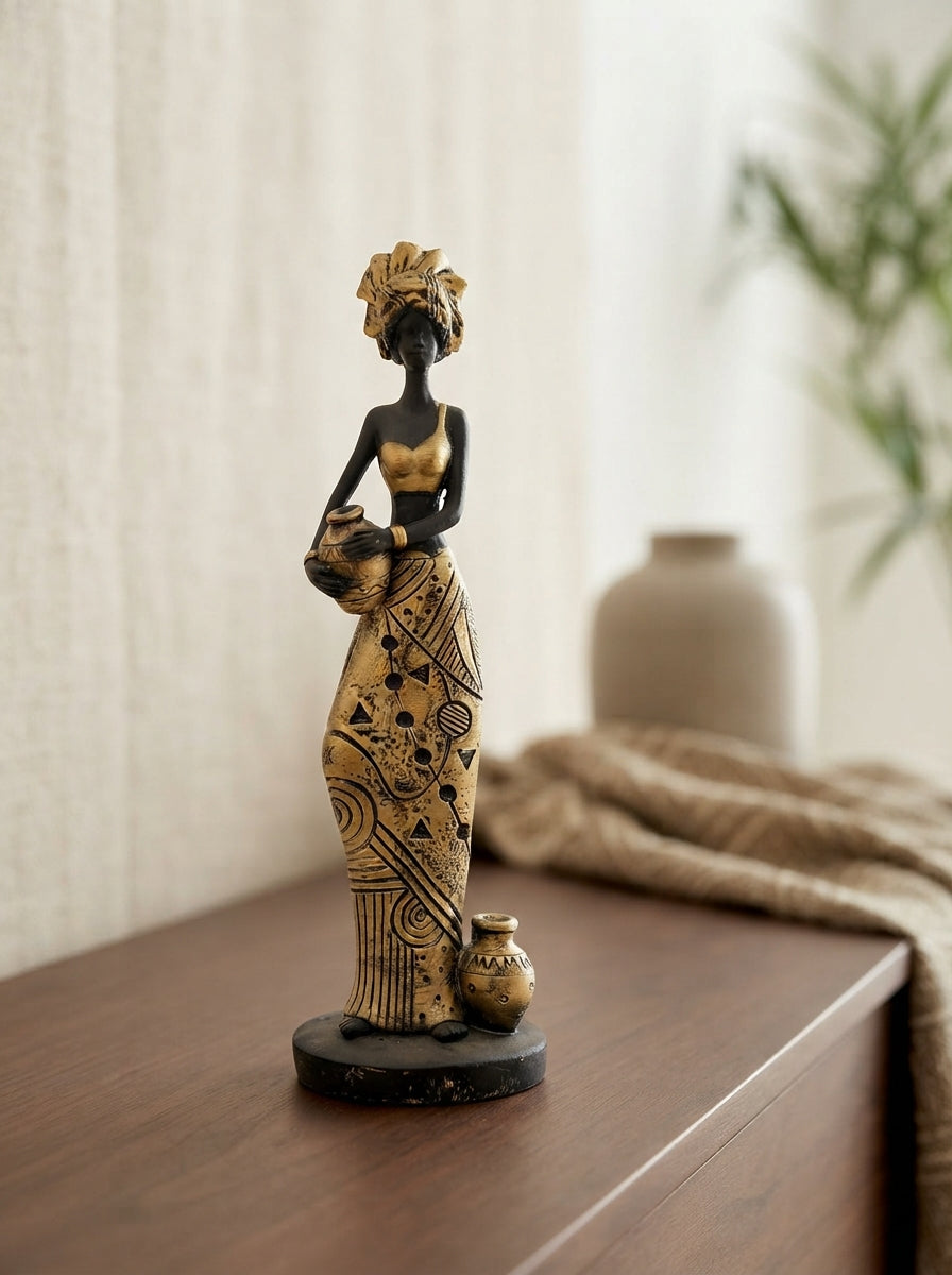 African Woman Statue with Pots 11.8" | Black Gold Tribal Figurine