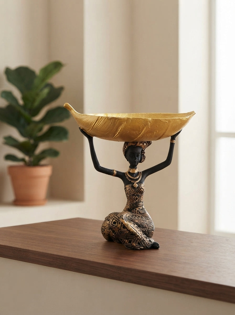 African Woman Statue Bowl Holder 21” | Gold Tribal Trinket Tray