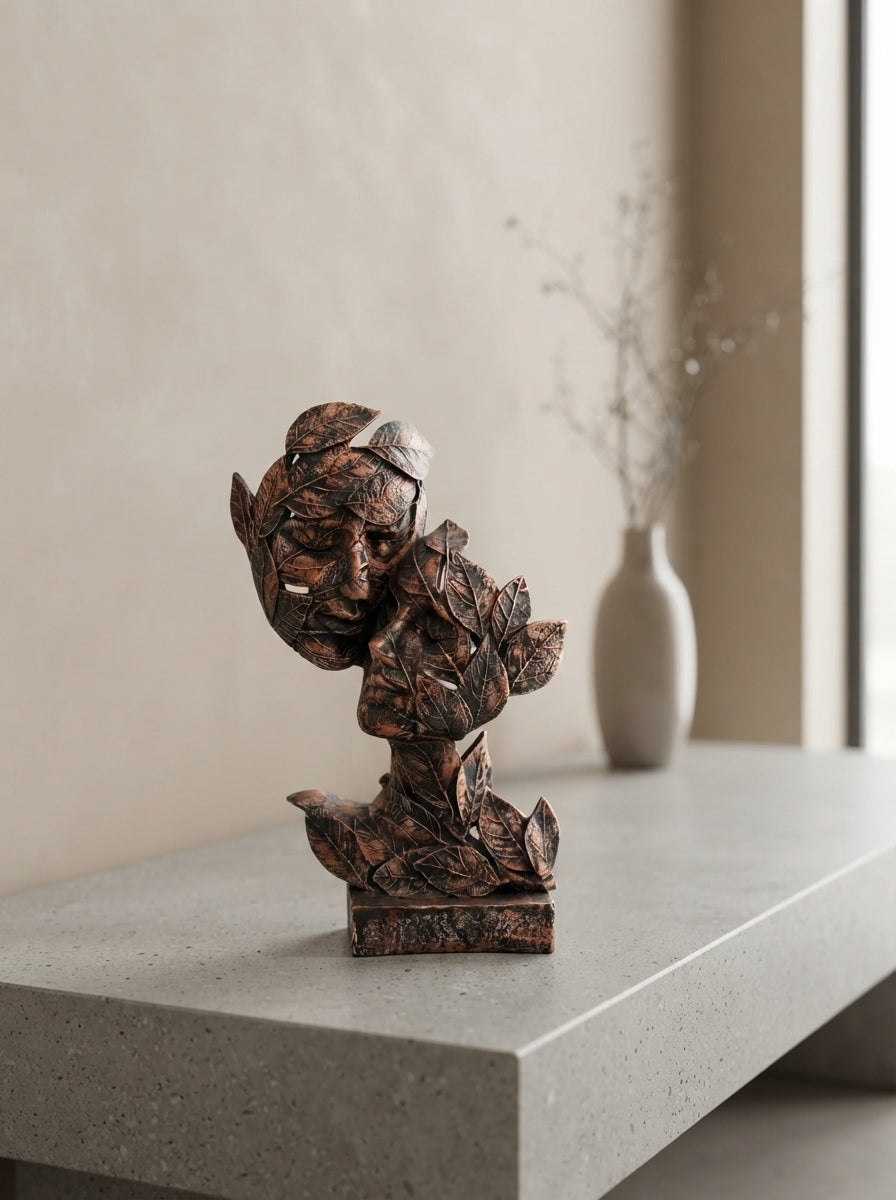Two Faces in Leaves Sculpture | Copper Bronze Art Statue