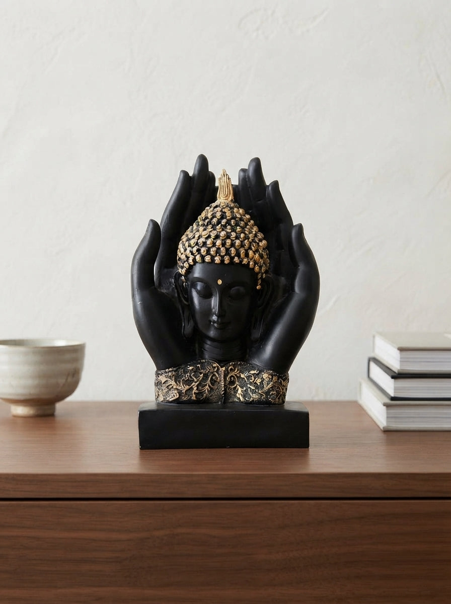 Buddha Face in Hands Statue | Black Gold Zen Sculpture