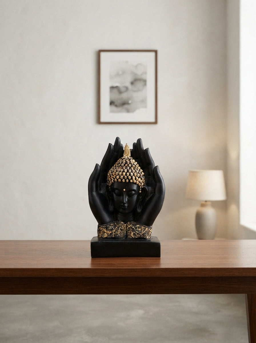 Buddha Face in Hands Statue | Black Gold Zen Sculpture