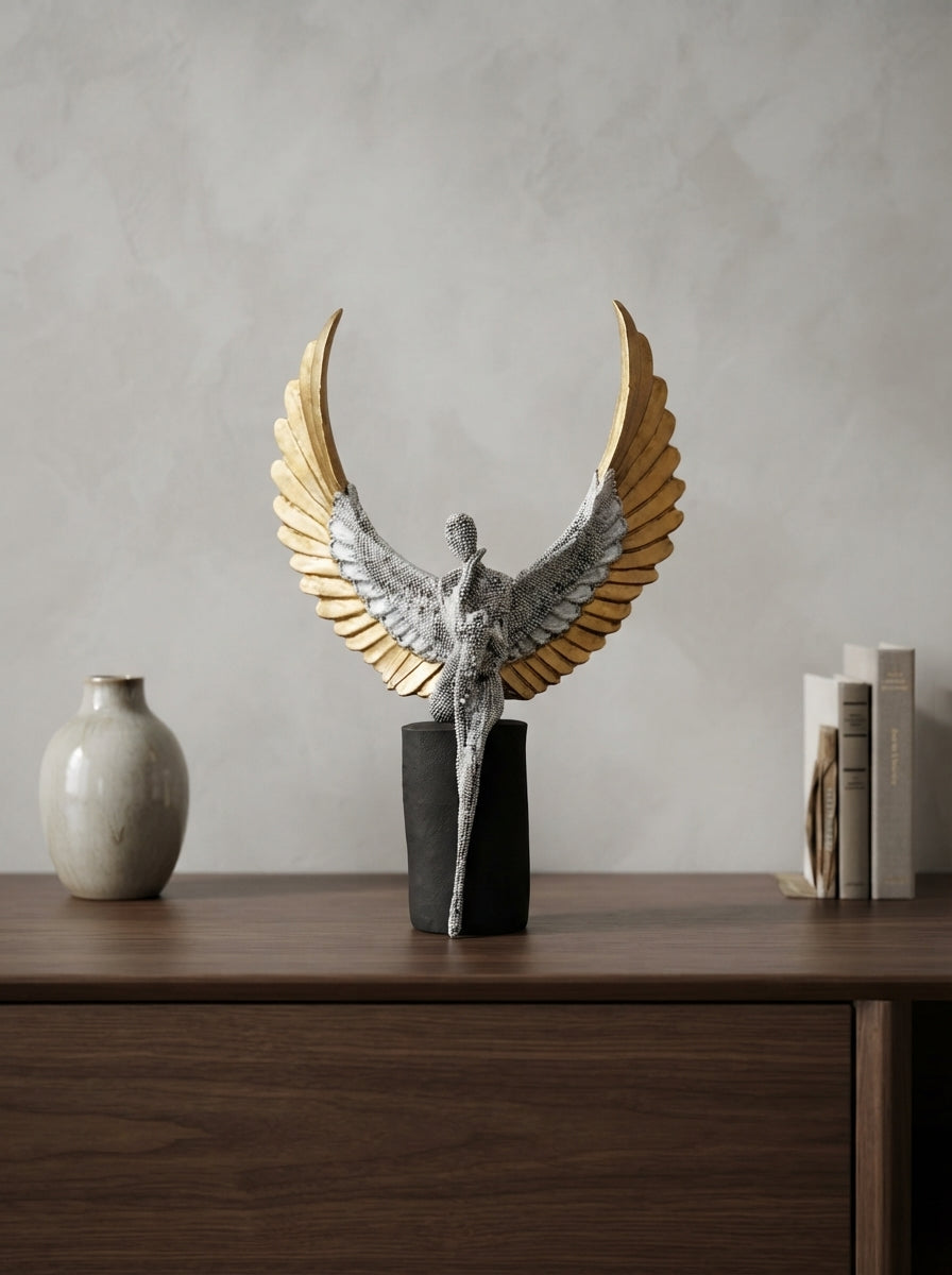 Angel Statue with Spread Wings | Silver Gold Art Sculpture