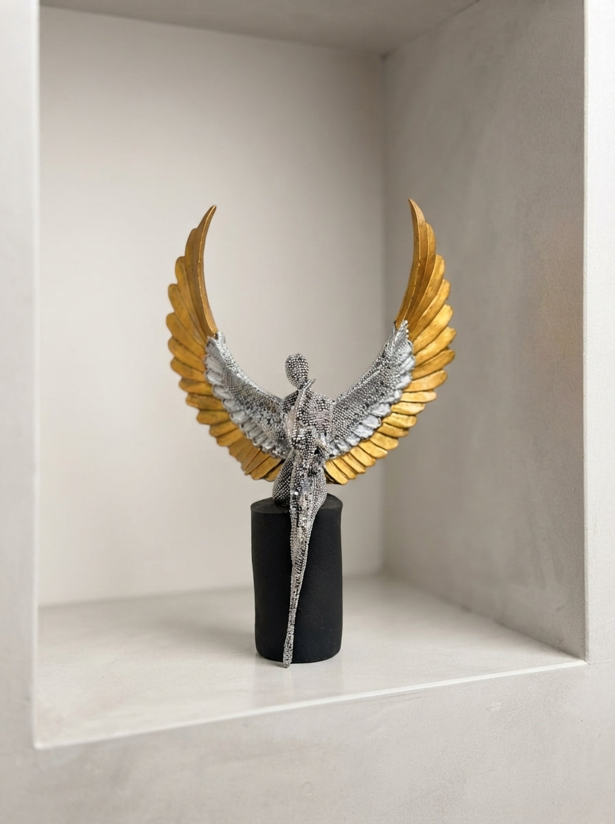 Angel Statue with Spread Wings | Silver Gold Art Sculpture