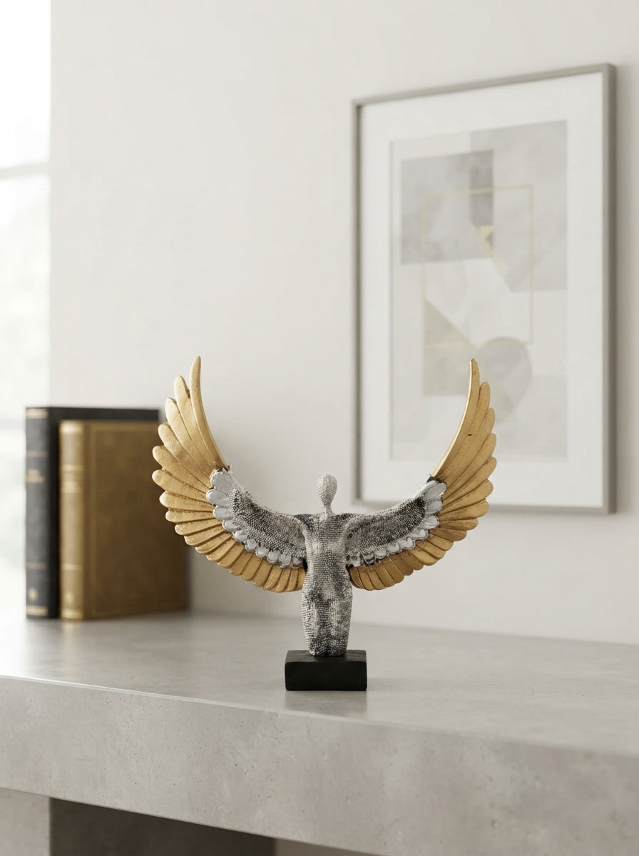 Angel Statue Wide Wingspan | Silver Gold Soaring Sculpture