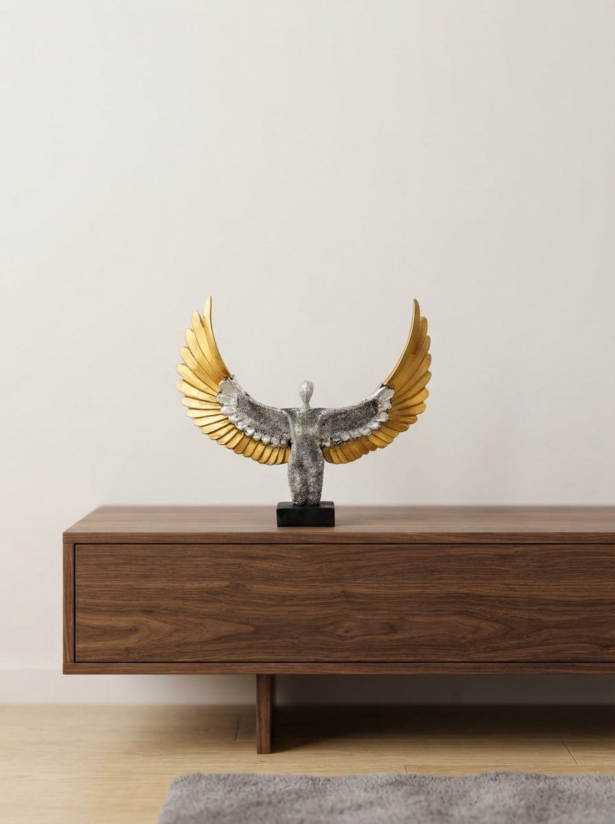 Angel Statue Wide Wingspan | Silver Gold Soaring Sculpture