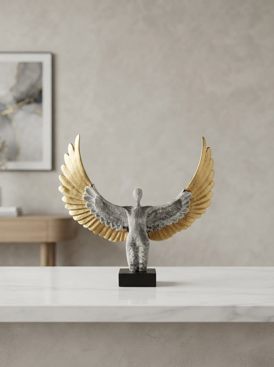 Angel Statue Wide Wingspan | Silver Gold Soaring Sculpture