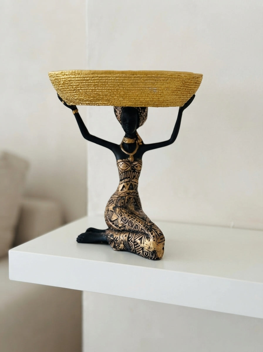 African Woman Tray Holder Statue 8" | Black Gold Woven Bowl