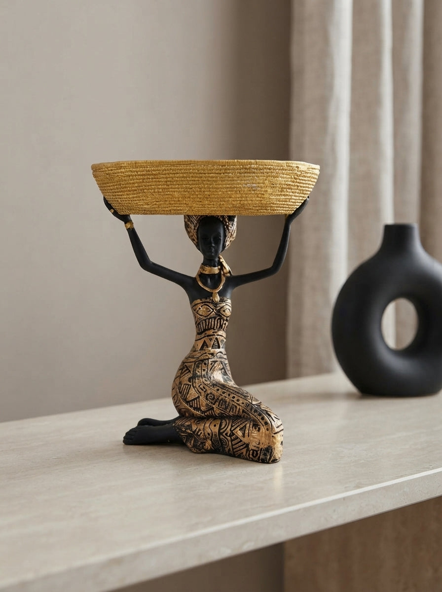 African Woman Tray Holder Statue 8" | Black Gold Woven Bowl