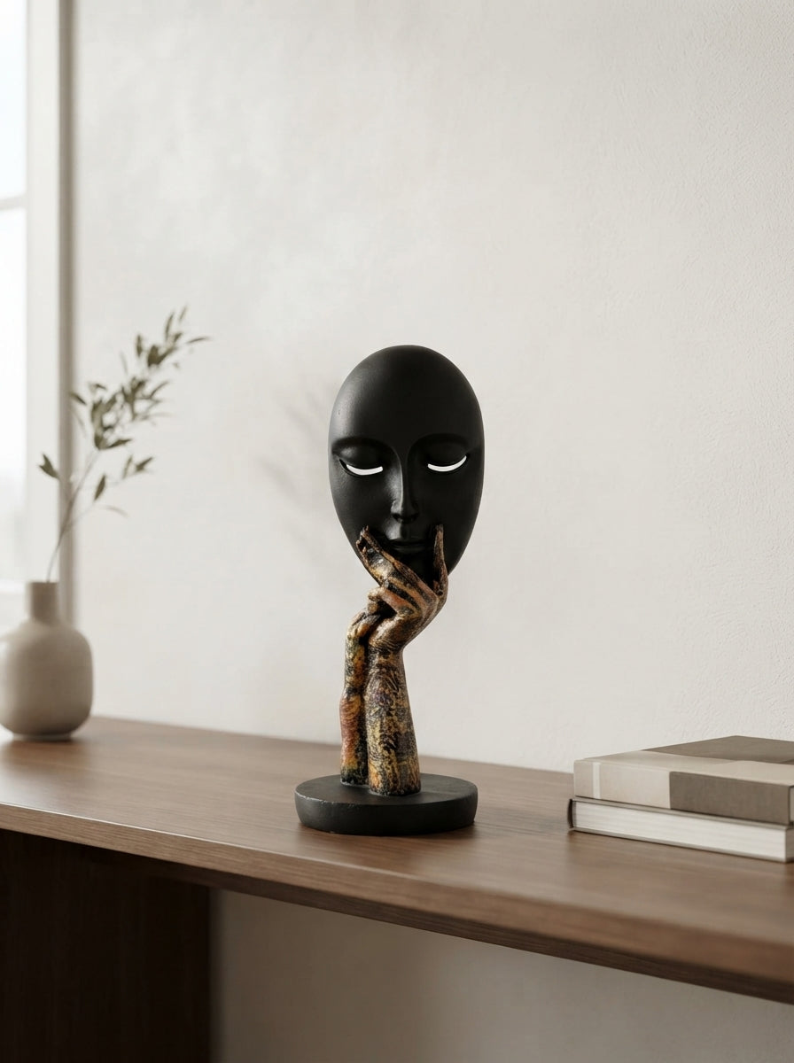 Thinking Face Statue with Hand | Black Modern Mask Decor