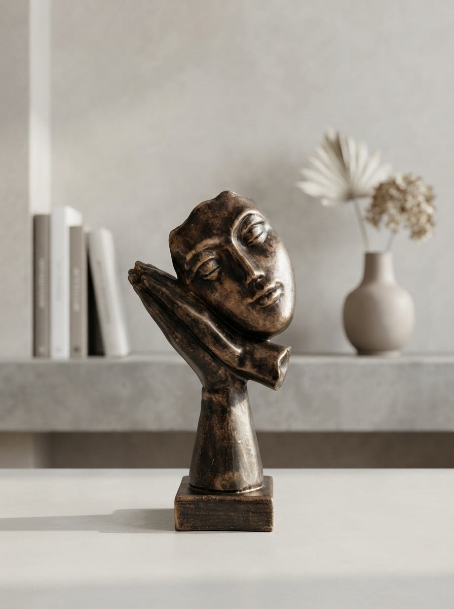 Sleeping Face Statue on Hands | Bronze Modern Mask Decor