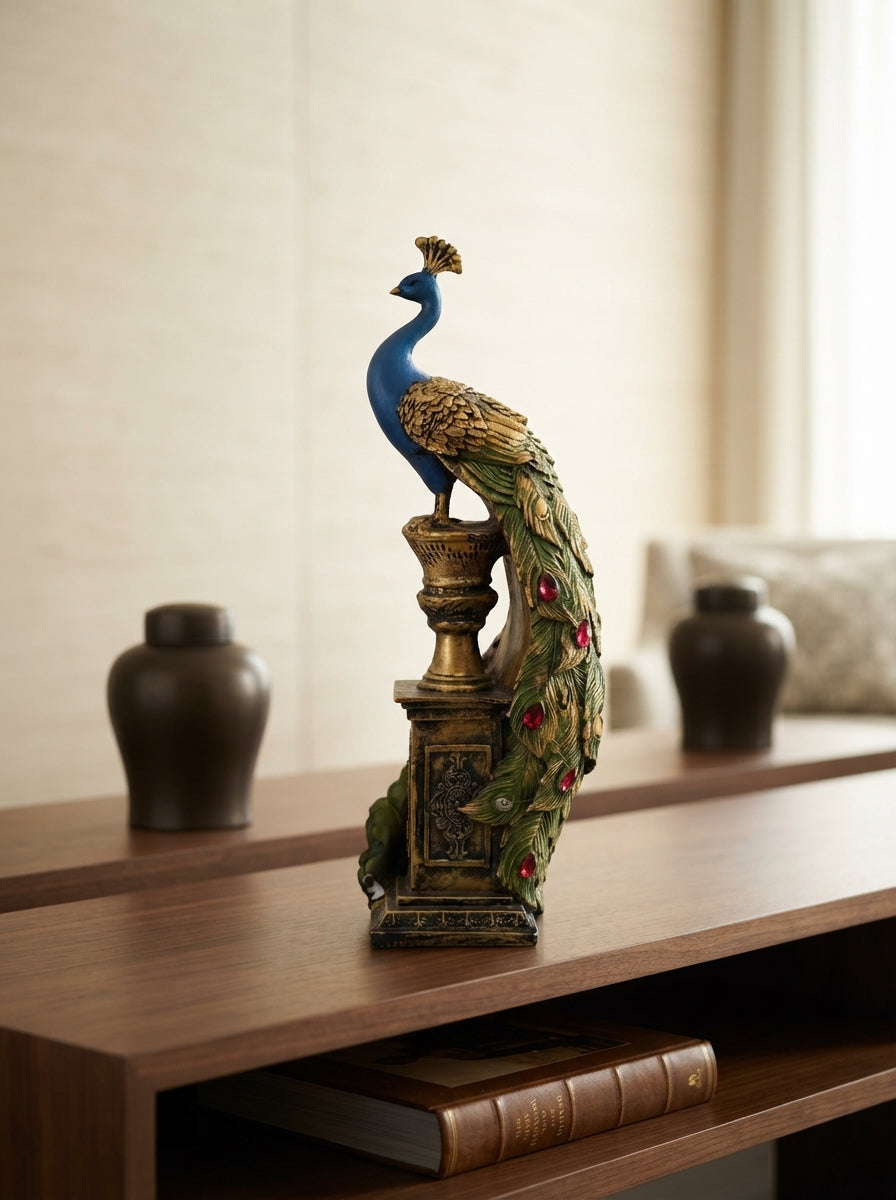 Peacock on Pillar Statue | Blue Gold Bejeweled Figurine