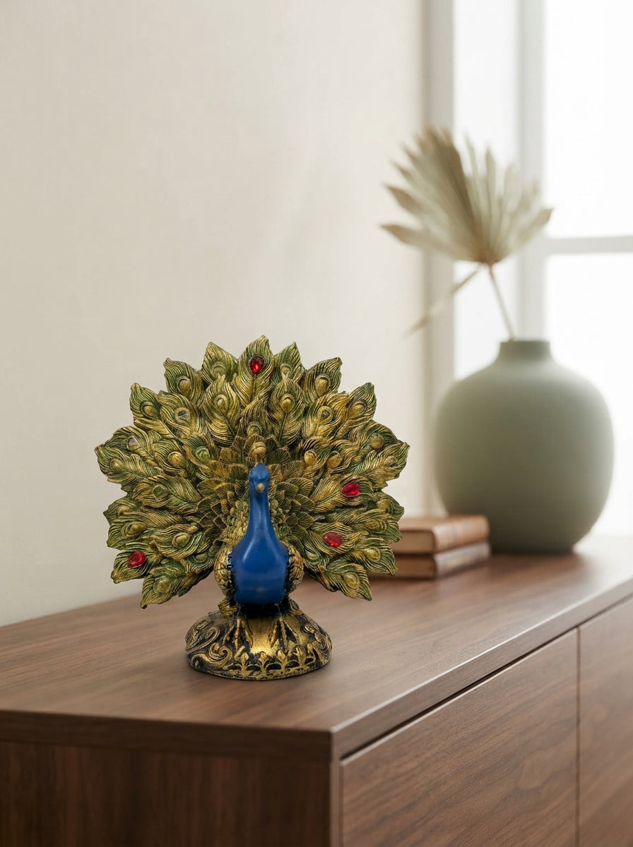 Peacock Statue Fanned Feathers | Blue Gold Jeweled Figurine