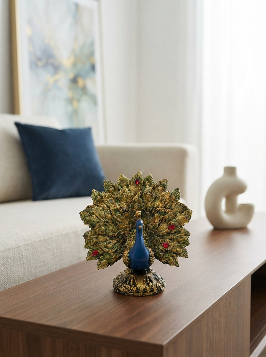 Peacock Statue Fanned Feathers | Blue Gold Jeweled Figurine