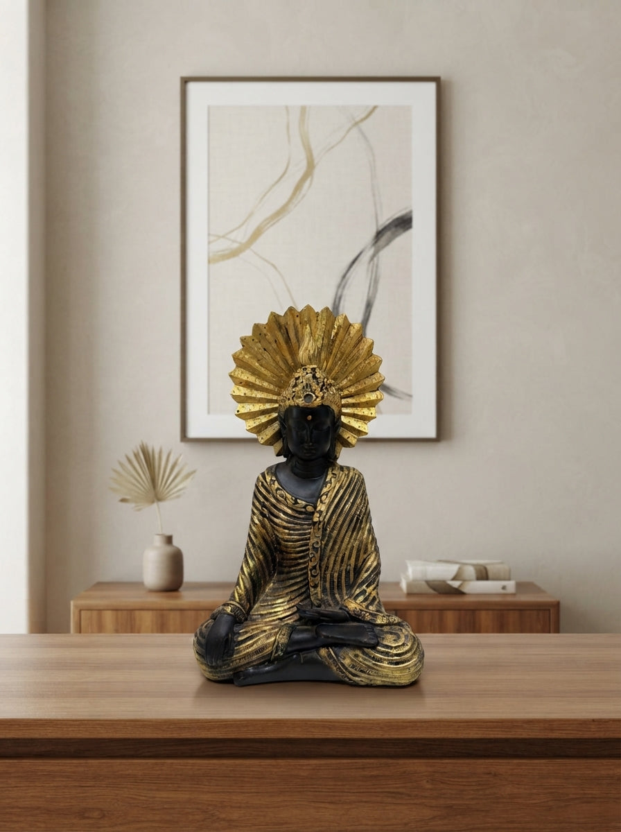 Meditating Buddha Statue Sunburst Halo | Black Gold Decor