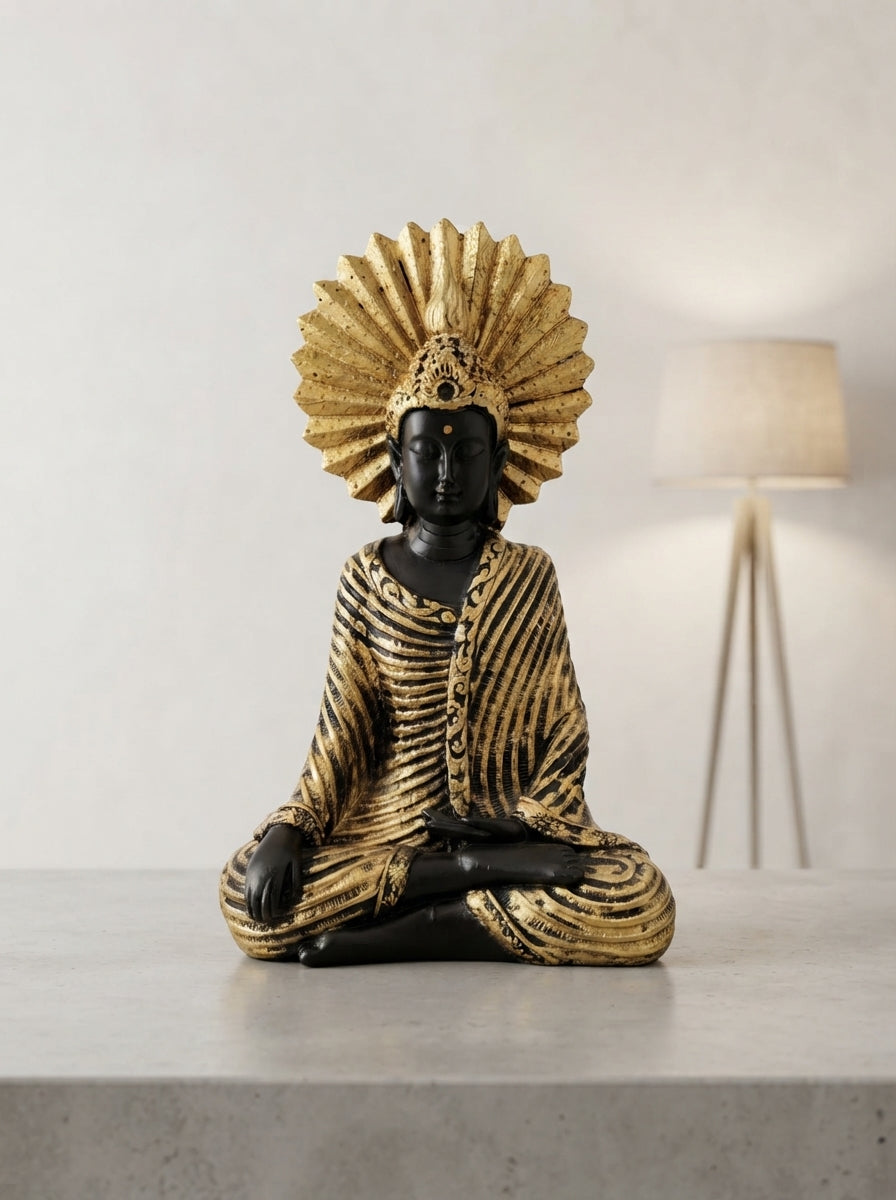 Meditating Buddha Statue Sunburst Halo | Black Gold Decor
