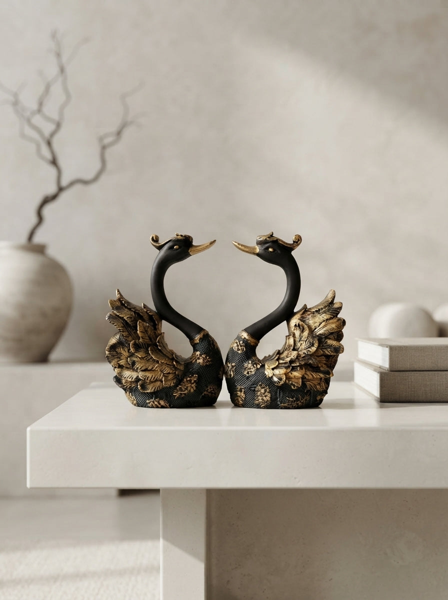 Black Gold Swan Statue Set of 2 | Long Neck Elegant Figurine