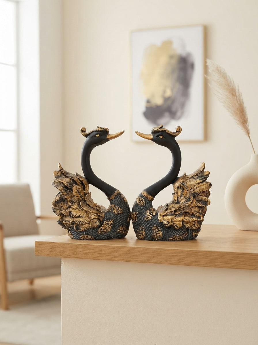 Black Gold Swan Statue Set of 2 | Long Neck Elegant Figurine