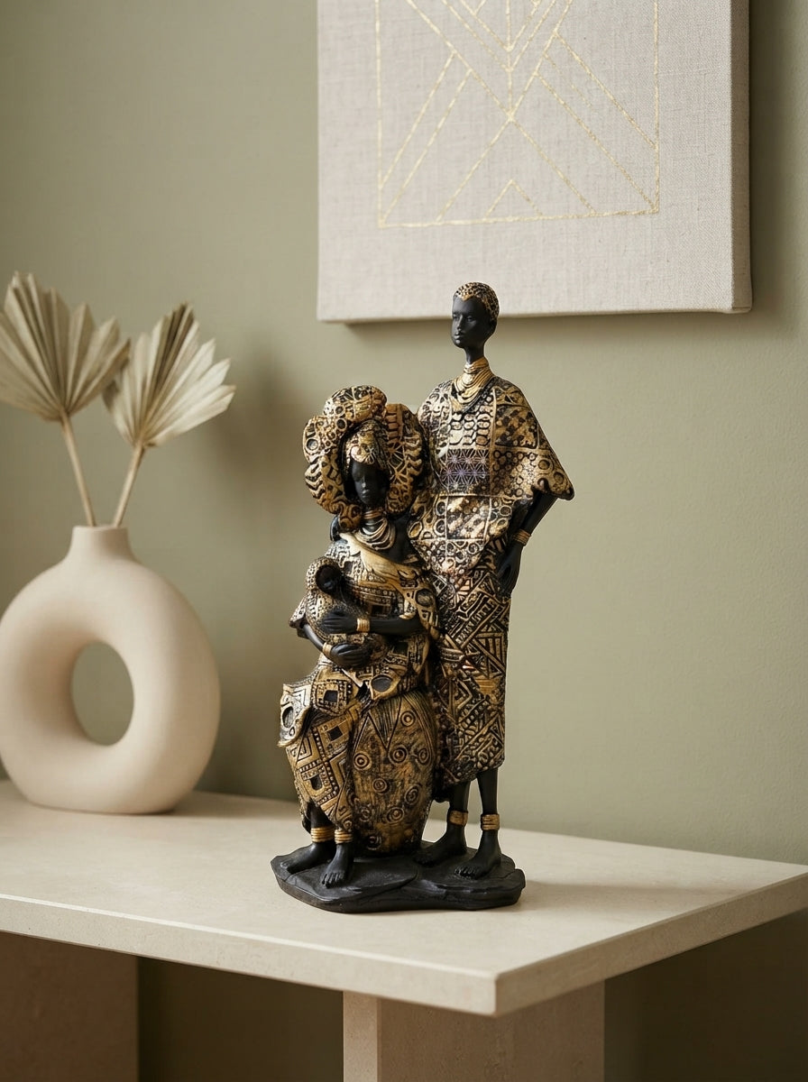 African Couple Statue | Black Gold Tribal Figurine Decor