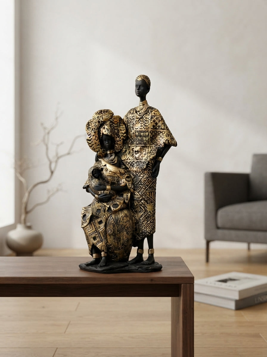 African Couple Statue | Black Gold Tribal Figurine Decor