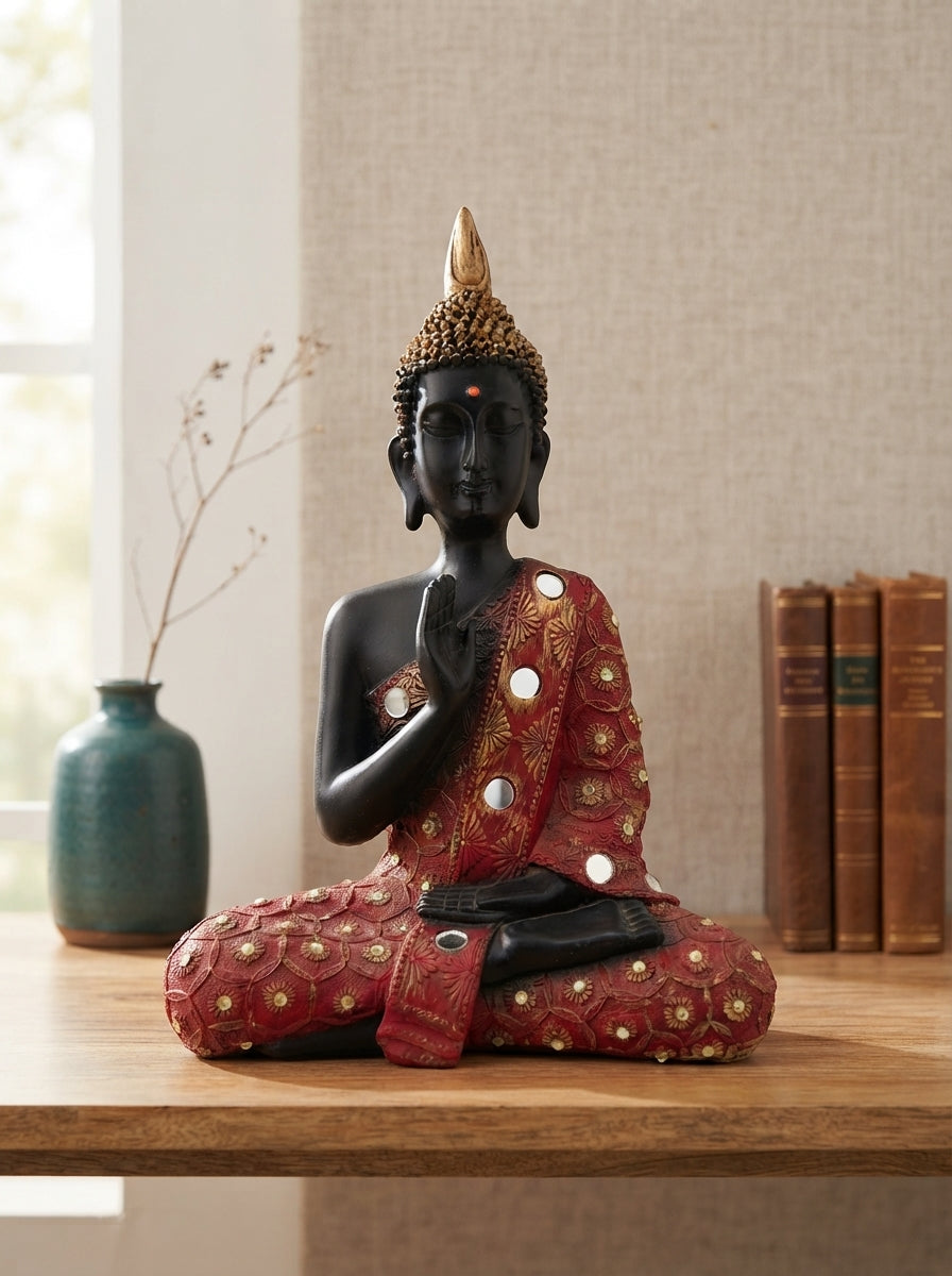 Thai Buddha Statue Red Robe | Black Gold Mirror Accent Decor