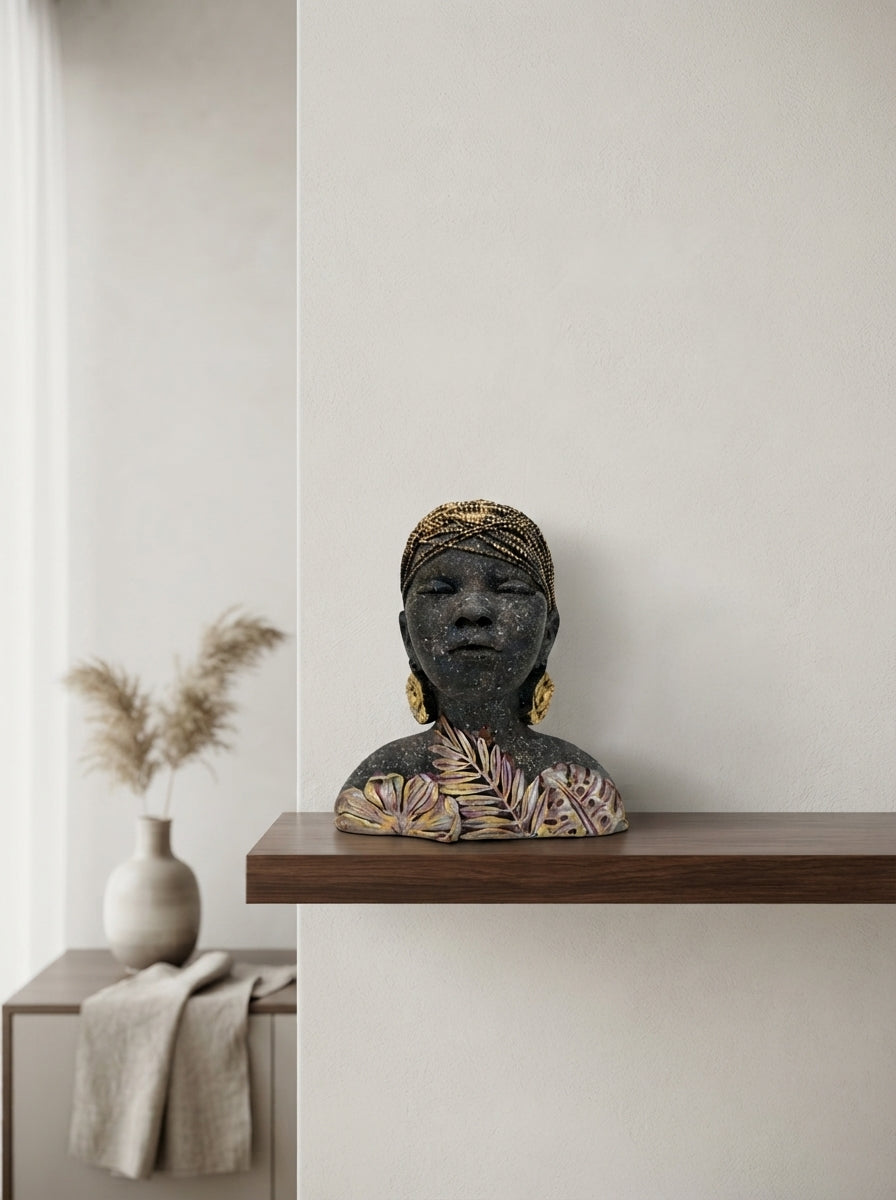 African Woman Bust Statue | Black Gold Speckled Figurine