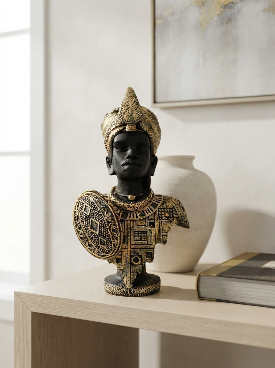 African King Bust Statue | Black Gold Warrior Figurine