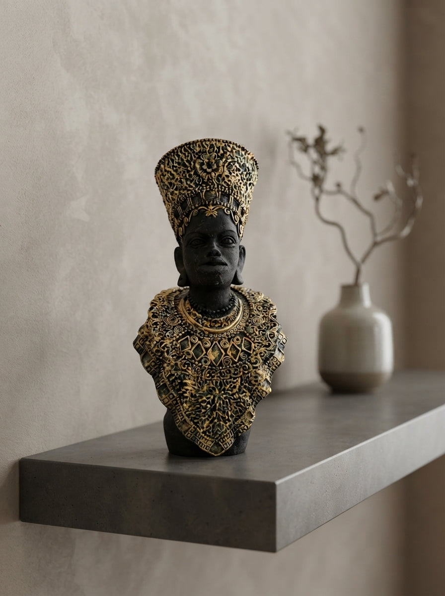 African Queen Bust Statue | Black Gold Tall Crown Figurine