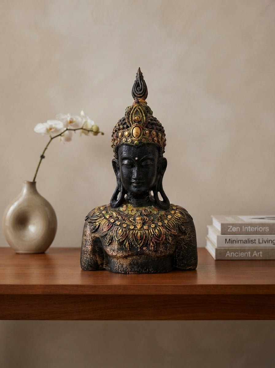Crowned Buddha Bust Statue | Black Gold Jeweled Headdress