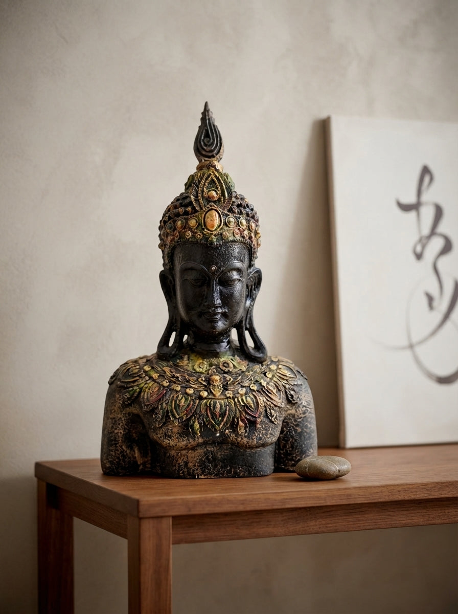 Crowned Buddha Bust Statue | Black Gold Jeweled Headdress
