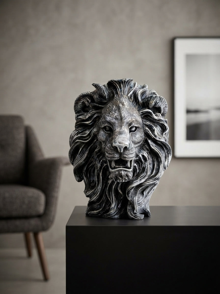 Silver Lion Head Statue with Horns | Mythical Beast Decor