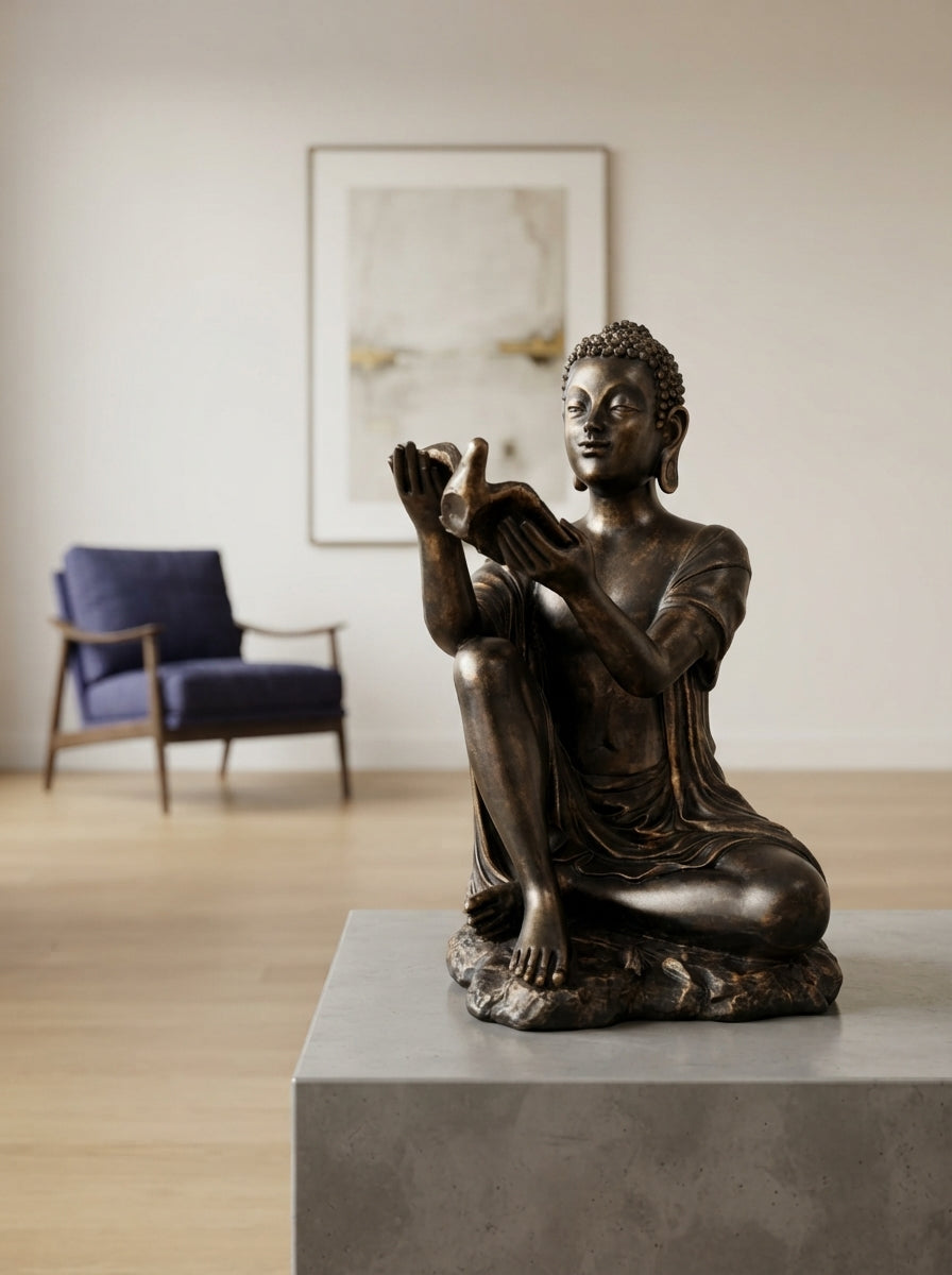 Copper, Black Gold Seated Figure with Bird Statue | Zen Decor Sculpture